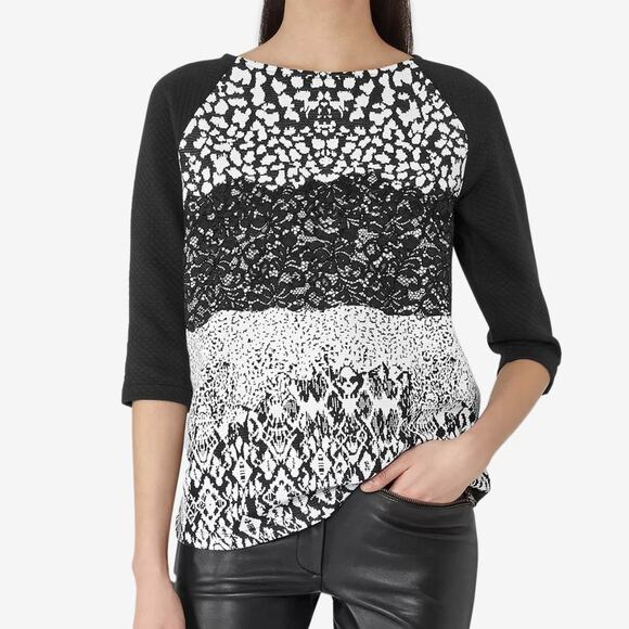 Reiss Melinda Mixed Media Top Small Black White Cotton Blend Lace Abstract - Picture 5 of 13
